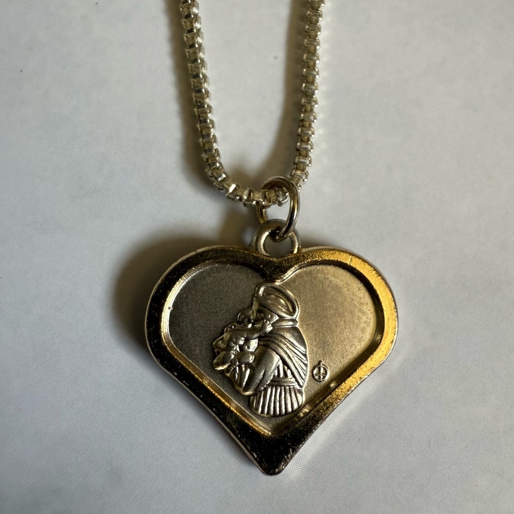 Vintage Religious Heart Pendant Necklace with Saint Motif on 23.5” Chain